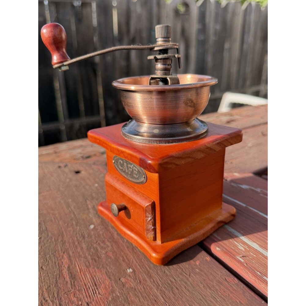 Vintage Style Wooden Hand, Crank Coffee, Bean Mill With Metal Hopper 
